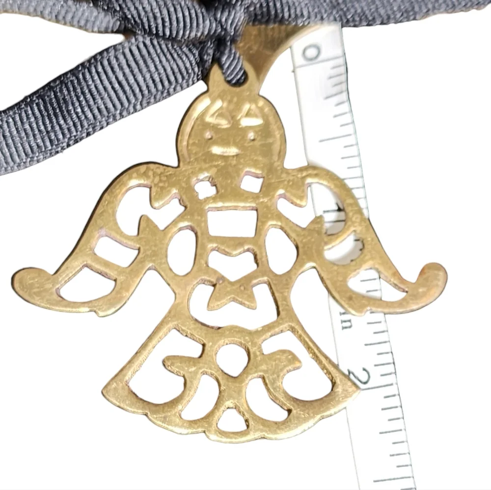 Vintage Brass Heart With Center Angel & Black‎ Ribbon Christmas Ornament 6